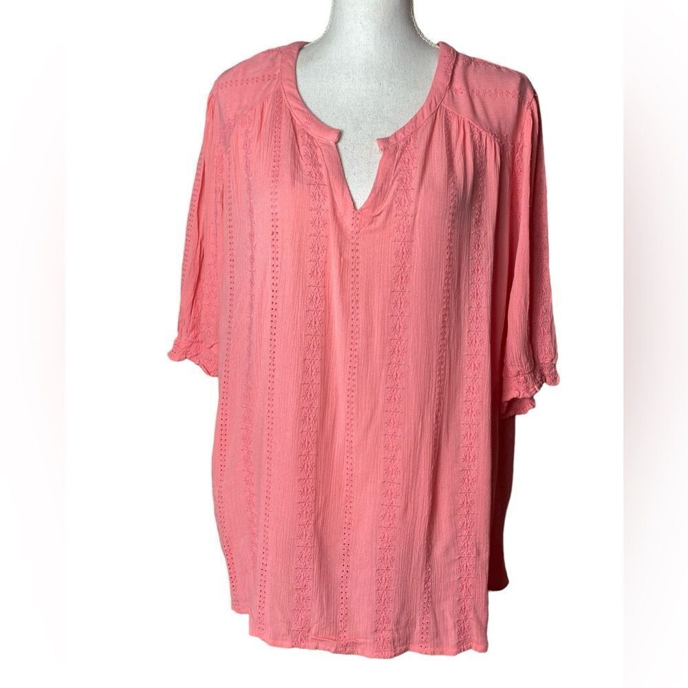 Mason & Belle Lyanna Wm’s Sz 2X Dark Pink Smocked Eyelet Detail Top Blouse